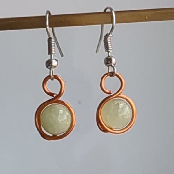 Green jade in copper wire dangle earrings 