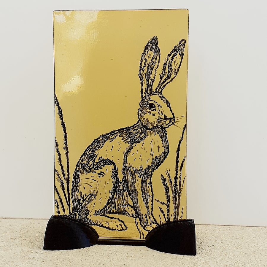 Stained glass decorative panel, watchful hare