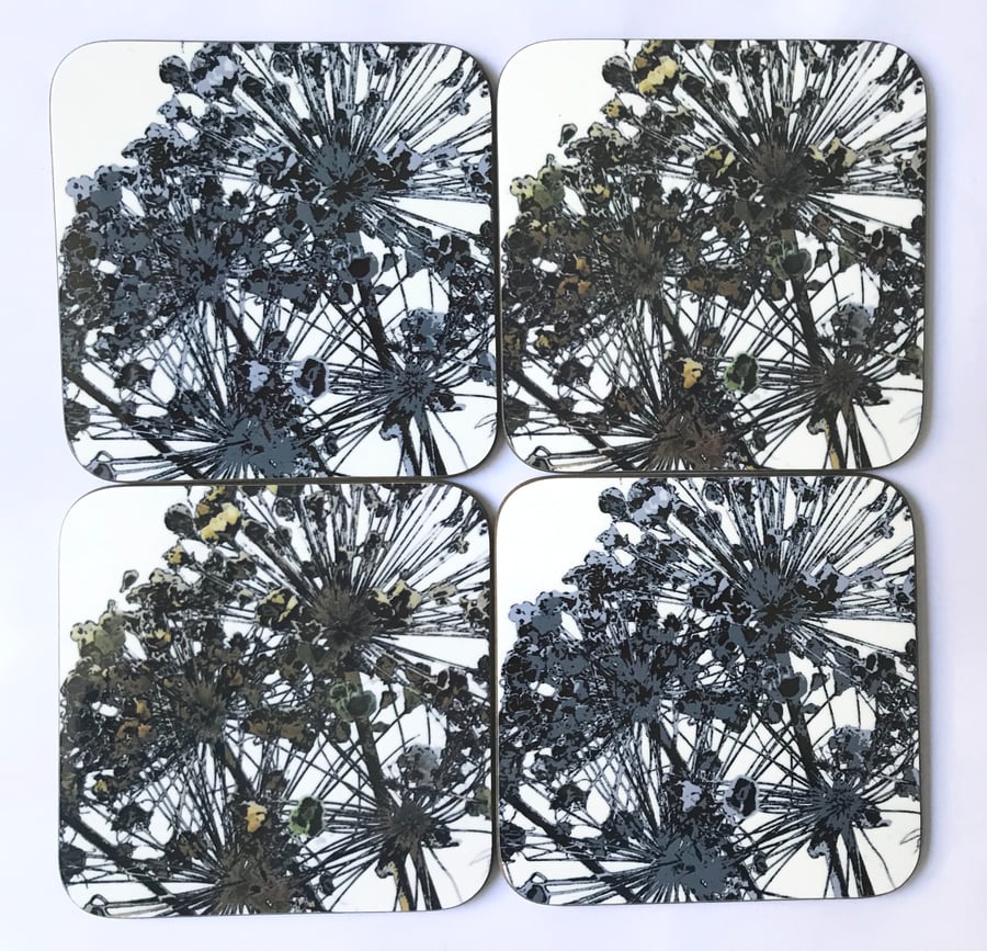 Allium Seedheads set of 4  square coasters brown black grey and white 