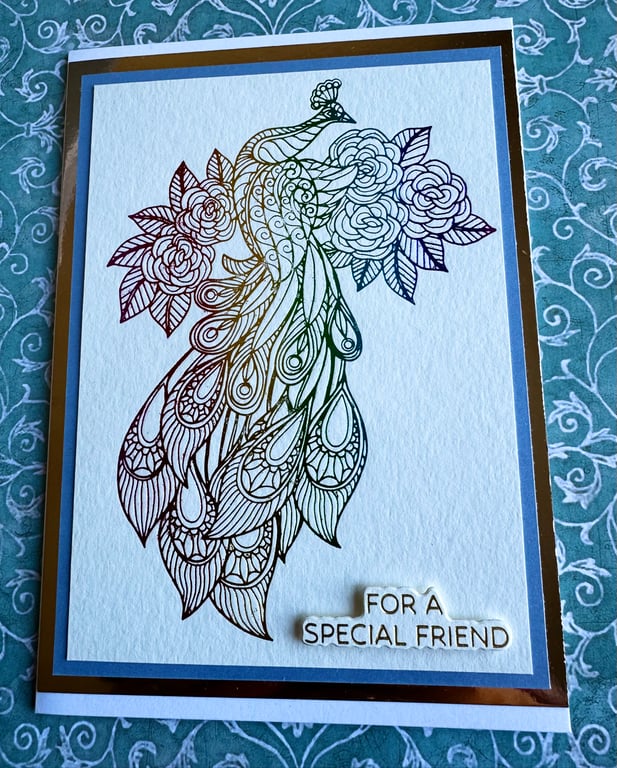 Handmade Peacock & Roses Friend Card – Foil Accents & Rainbow Gradient