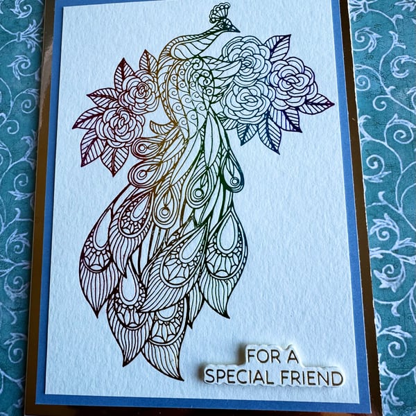 Handmade Peacock & Roses Friend Card – Foil Accents & Rainbow Gradient