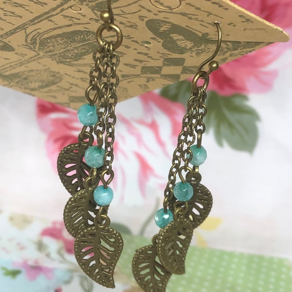 Emerald and bronze leaf earrings