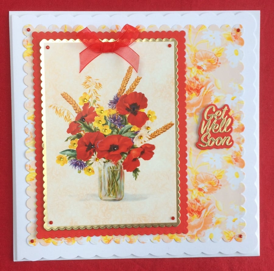 Get Well Card Get Well Soon Red Poppies 3D Luxury Handmade Card