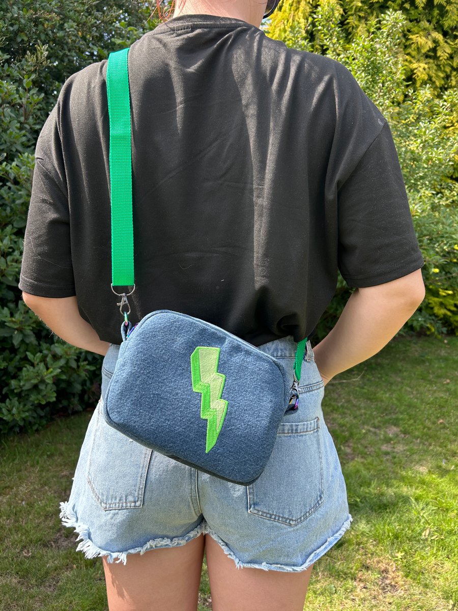 Embroidered Denim Crossbody Bag - Electric Green Lightning