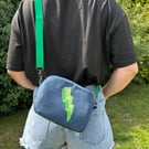 Embroidered Denim Crossbody Bag - Electric Green Lightning