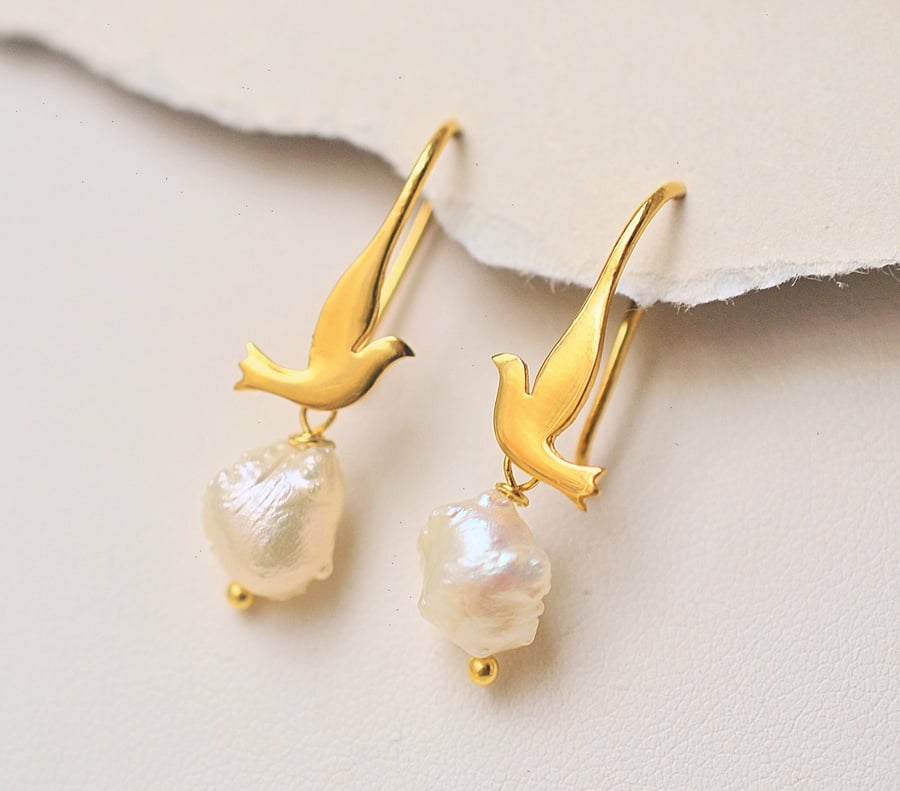 Bird earrings, 24k gold vermeil earwire dangle dove baroque pearls earrings