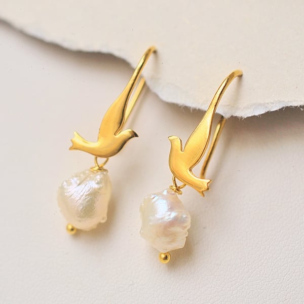 Bird earrings, 24k gold vermeil earwire dangle dove baroque pearls earrings
