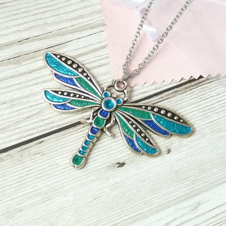 Teal dragonfly pendant, handpainted necklace in shades of blue and green