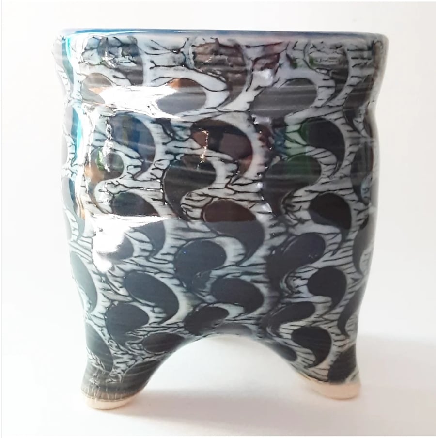 Three Legged Houseplant Holder in Blue Glazes 