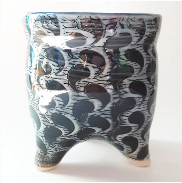 Three Legged Houseplant Holder in Blue Glazes 