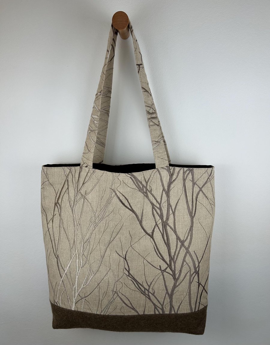 Embroidered Tree Branch Tote Bag, Abstract Linen Viscose Fabric