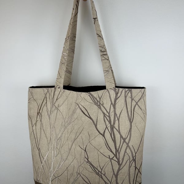 Embroidered Tree Branch Tote Bag, Abstract Linen Viscose Fabric