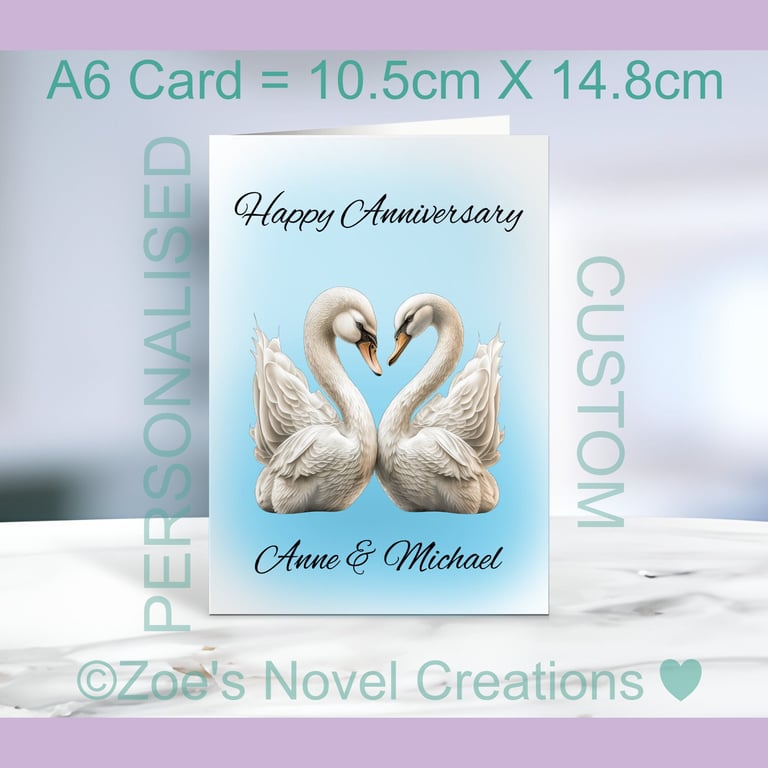 Swans Wedding Anniversary Card, personalised, A6 10.5cm x 14.8cm