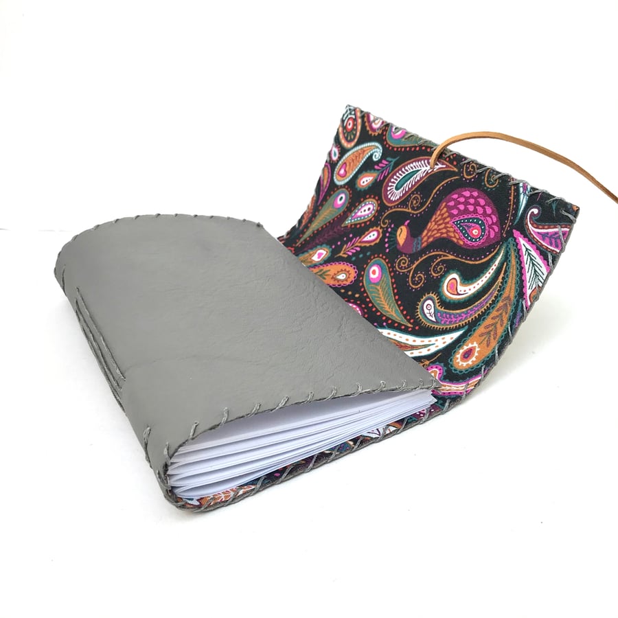 A6 Fold Over Grey Leather handmade notebook floral fabric lining plain paper 