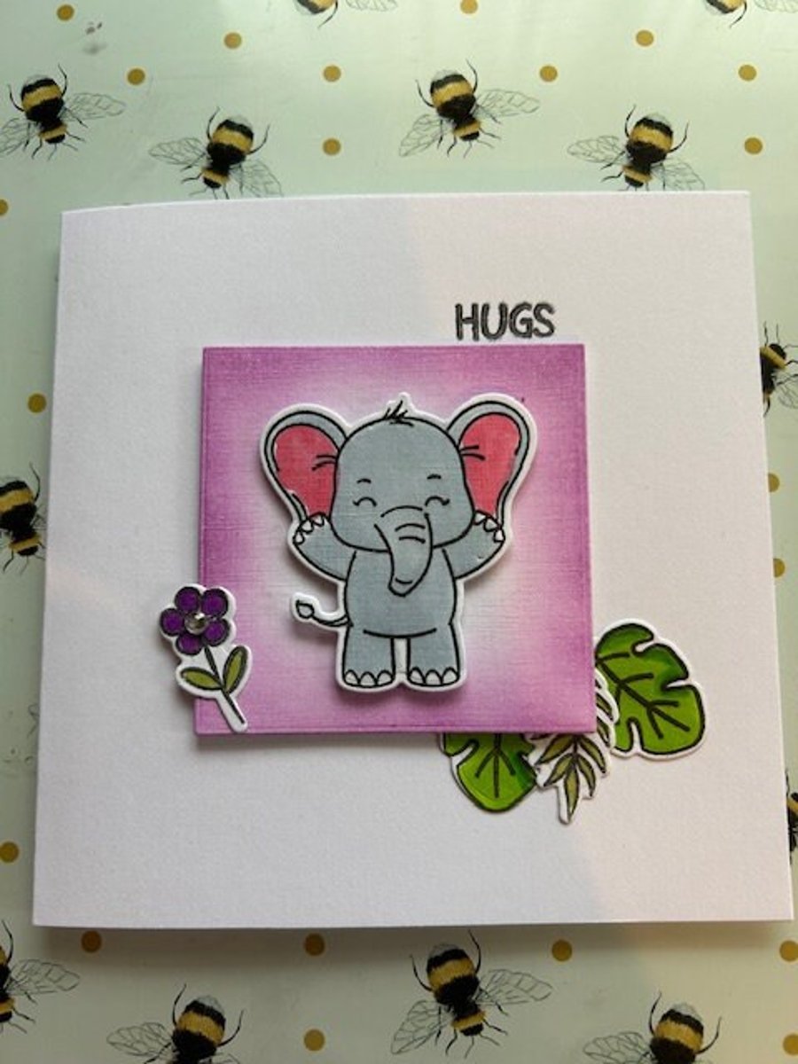 Handmade card elephant hugs, a friend who needs a hug