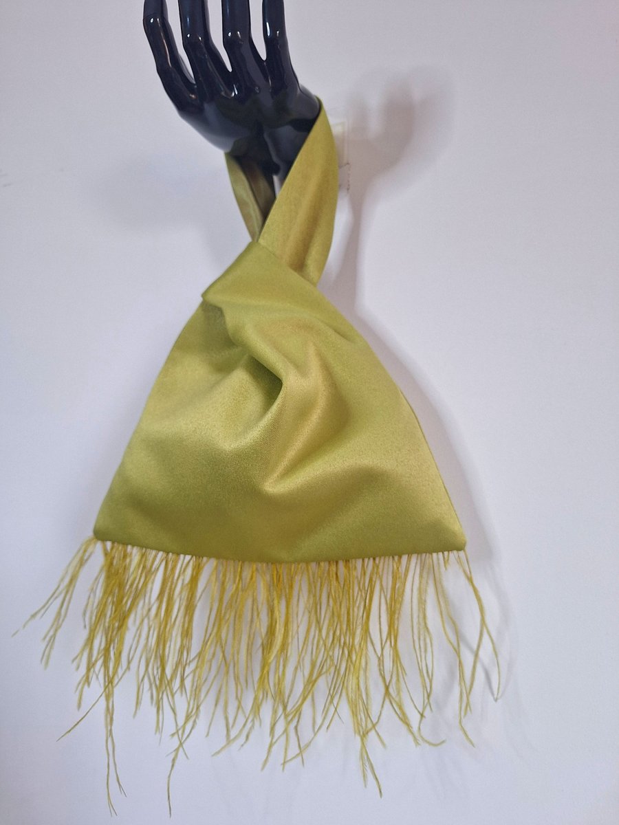 Image of Olive green taffeta Japanese knot bag with Ostrich feather fringe detailing