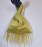 Olive green taffeta Japanese knot bag with Ostrich feather fringe detailing