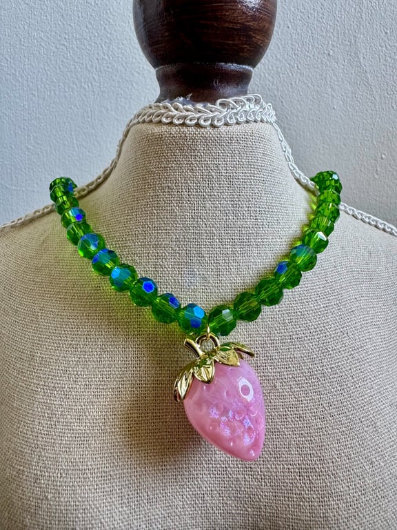 Green 8mm Glass Bead Necklace with Pink Strawberry Pendant, Handmade