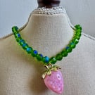 Green 8mm Glass Bead Necklace with Pink Strawberry Pendant, Handmade