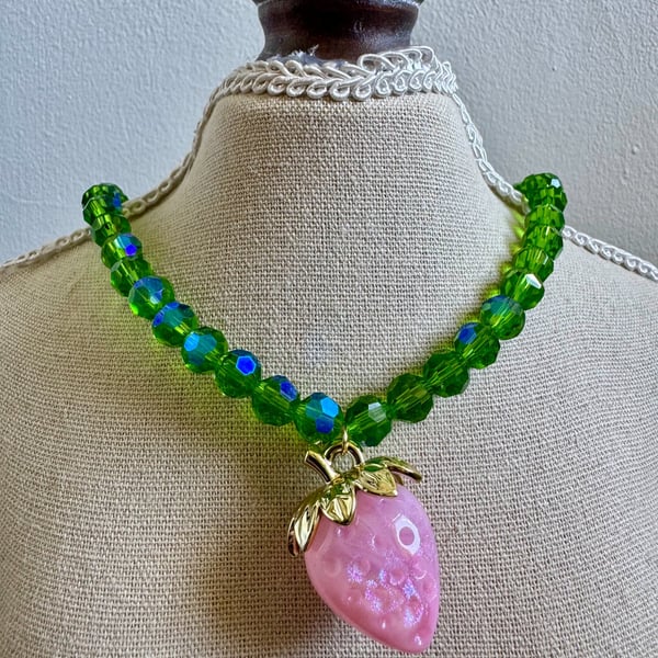Green 8mm Glass Bead Necklace with Pink Strawberry Pendant, Handmade