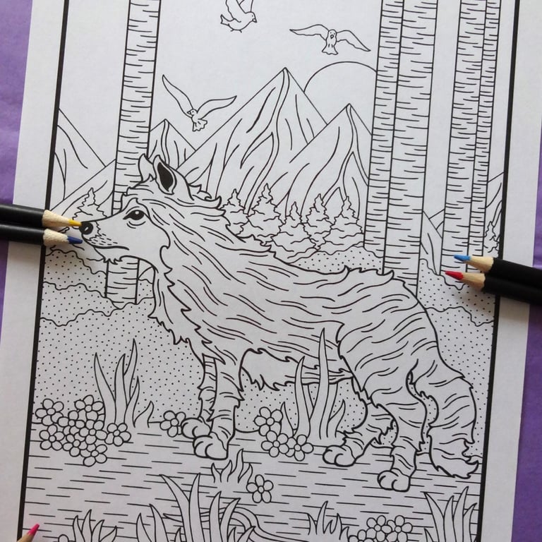 Wolf Forest Animal A4 Colouring Page Printable JPG by S Godwin Studio