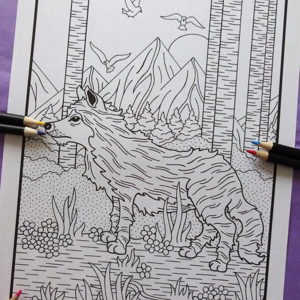 Wolf Forest Animal A4 Colouring Page Printable JPG by S Godwin Studio