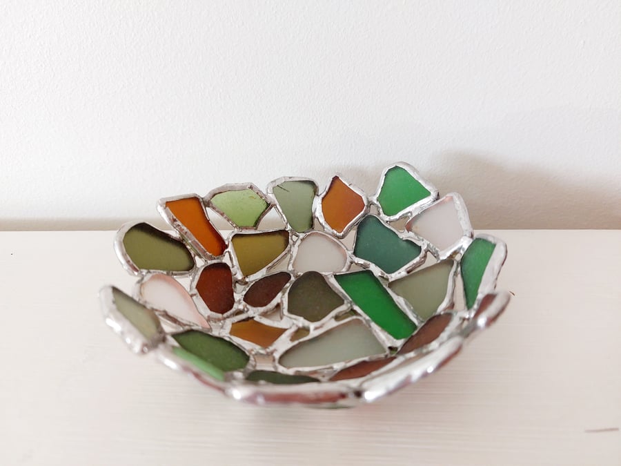 Sea Glass Soldered Trinket Dish, Metalwork, Tiffany Style
