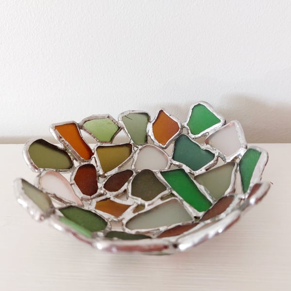 Sea Glass Soldered Trinket Dish, Metalwork, Tiffany Style