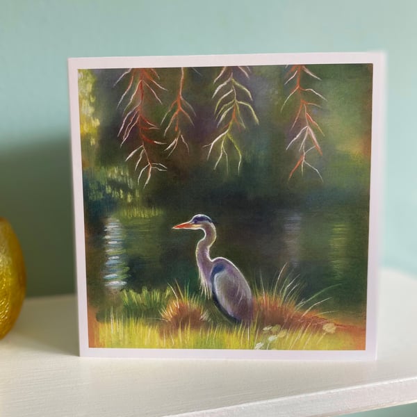 Heron greetings card - Heron art card, bird greetings card, bird art, pond life