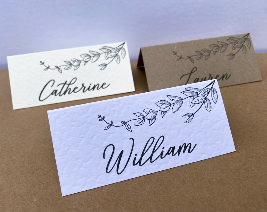 6x NAME place CARDS simple black foliage leaf outline rustic table wedding decor