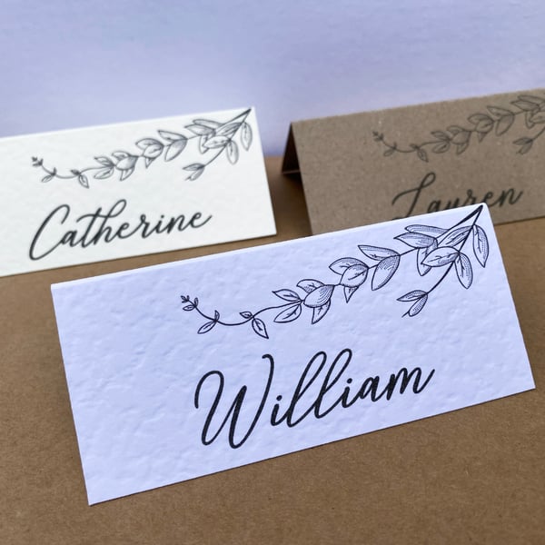 6x NAME place CARDS simple black foliage leaf outline rustic table wedding decor