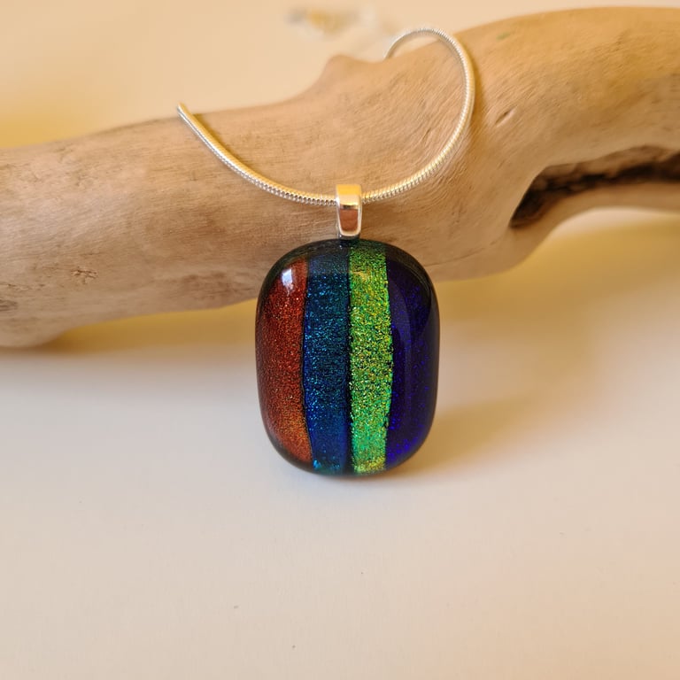 Sparkly, striped fused glass pendant