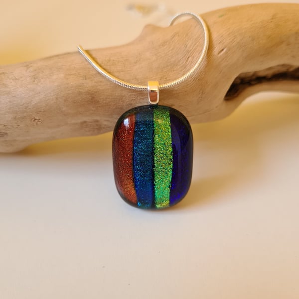 Sparkly, striped fused glass pendant