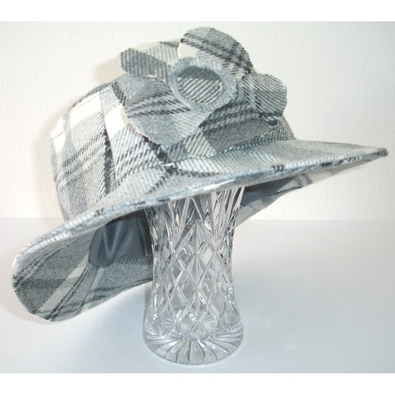 Tartan Bucket Hat Grey Check Warm Wool Feel With Corsage