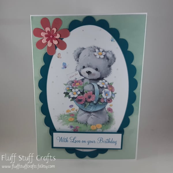 Handmade birthday card - cute bear with flower basket