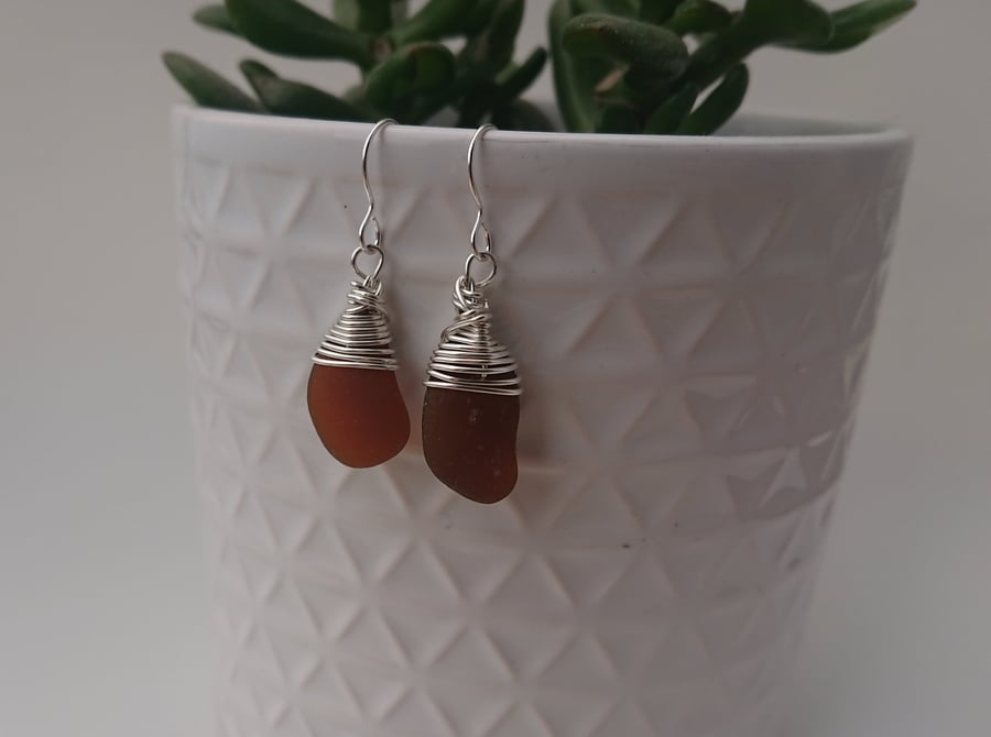 Deep Amber Cornish Sea Glass Earrings, Sterling Silver E500