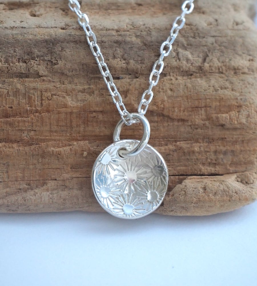 silver daisy pendant necklace, flower necklace, silver pendant