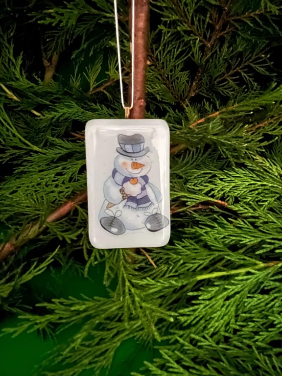 Unique Handcrafted Christmas Snowman Card with Artisan Fused Glass Tree Decorati