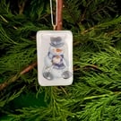 Unique Handcrafted Christmas Snowman Card with Artisan Fused Glass Tree Decorati