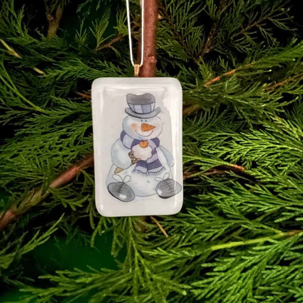Unique Handcrafted Christmas Snowman Card with Artisan Fused Glass Tree Decorati
