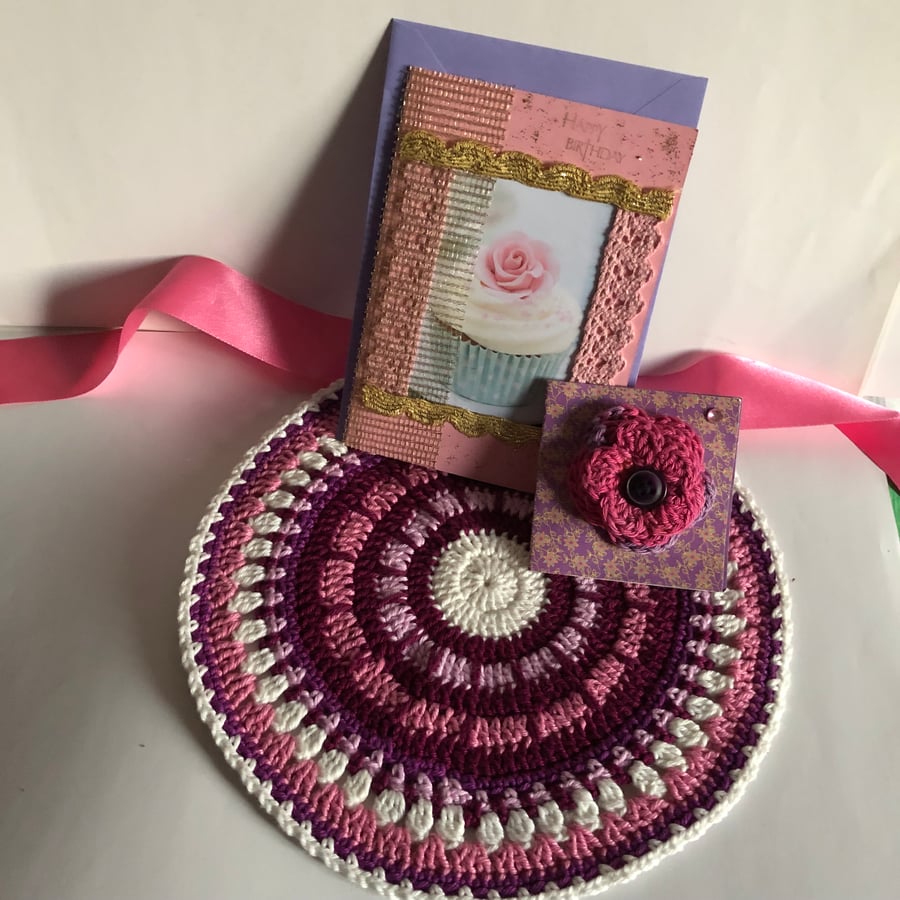 Beautiful bundle happy birthday card with a crochet flower brooch and mandala