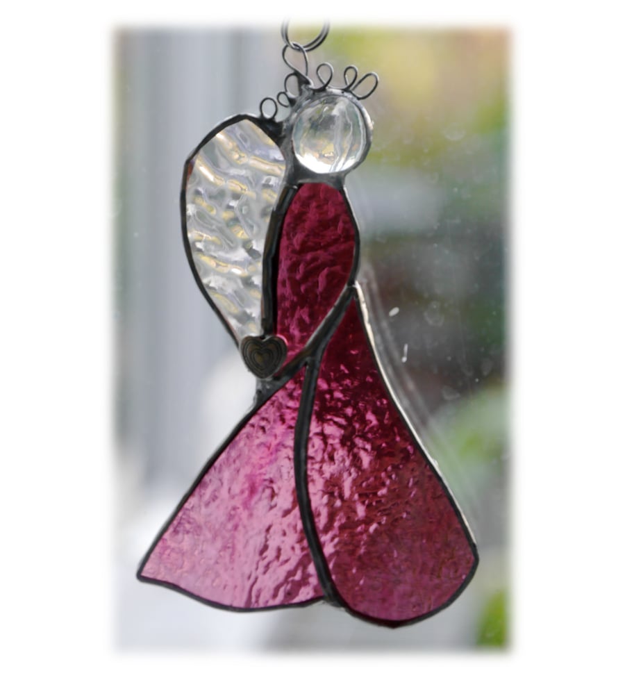 Angel Suncatcher Stained Glass Heart Cranberry Christmas 018