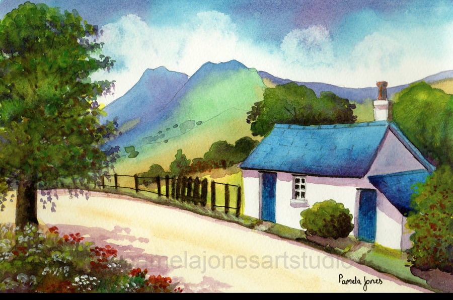 Cottage, Langdale Pikes, Lake District, Original Watercolour, in 14 x 11 " Mount