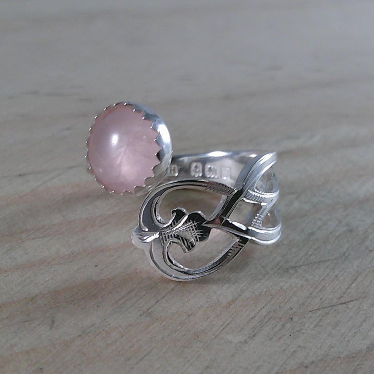 Sterling Silver Upcycled Branch Spoon Handle Ring with Rose Quartz