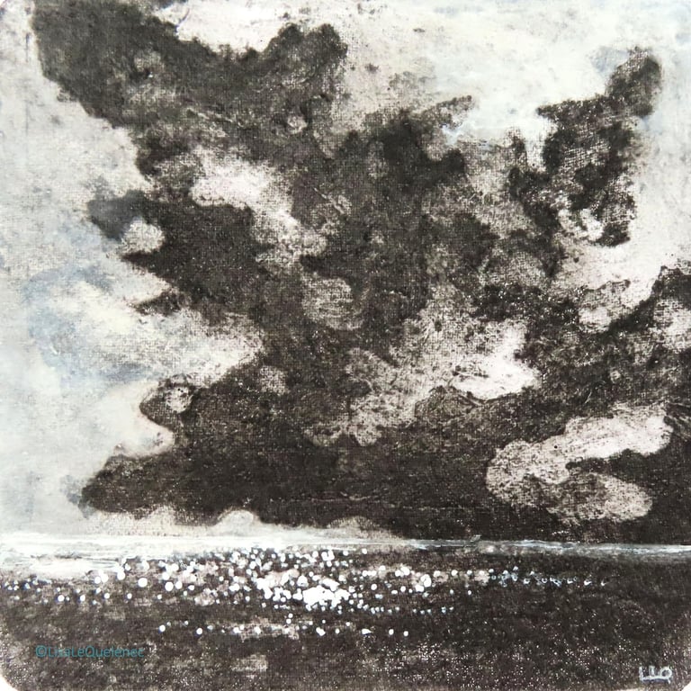 Gathering storm cloud mixed media black and white  coastal beach scene