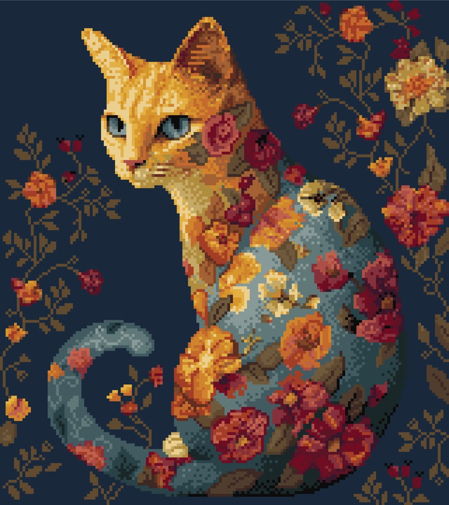 294 - Cross Stitch Pattern Cat in the flowers and Autumn leaves 