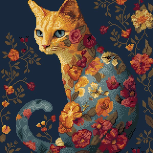 294 - Cross Stitch Pattern Cat in the flowers and Autumn leaves 