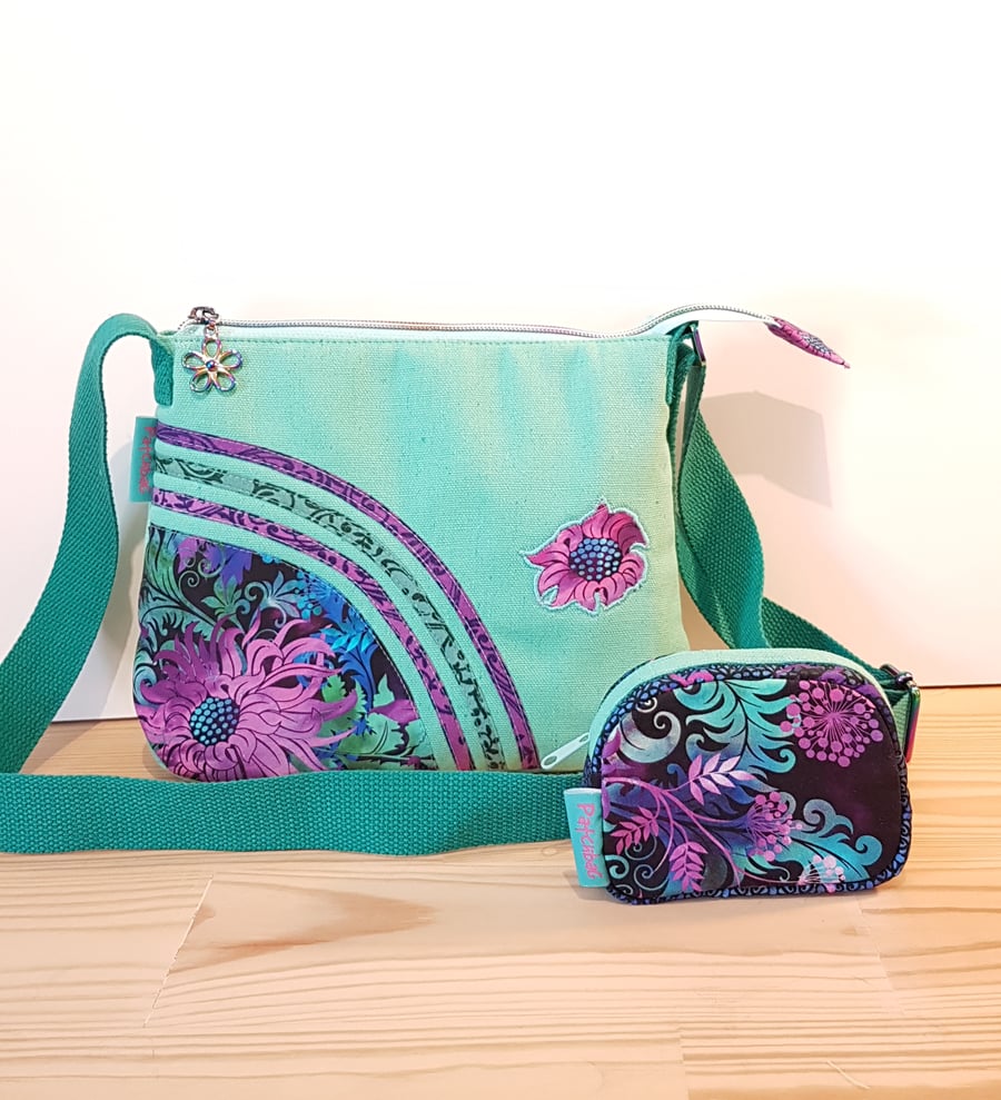 Shoulder bag with mini purse, Purple and turquise flowers 