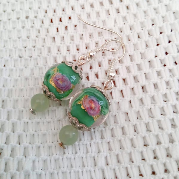 Green Lampwork Beaded Earrings, Lampwork Bead Earrings, Gift for Her