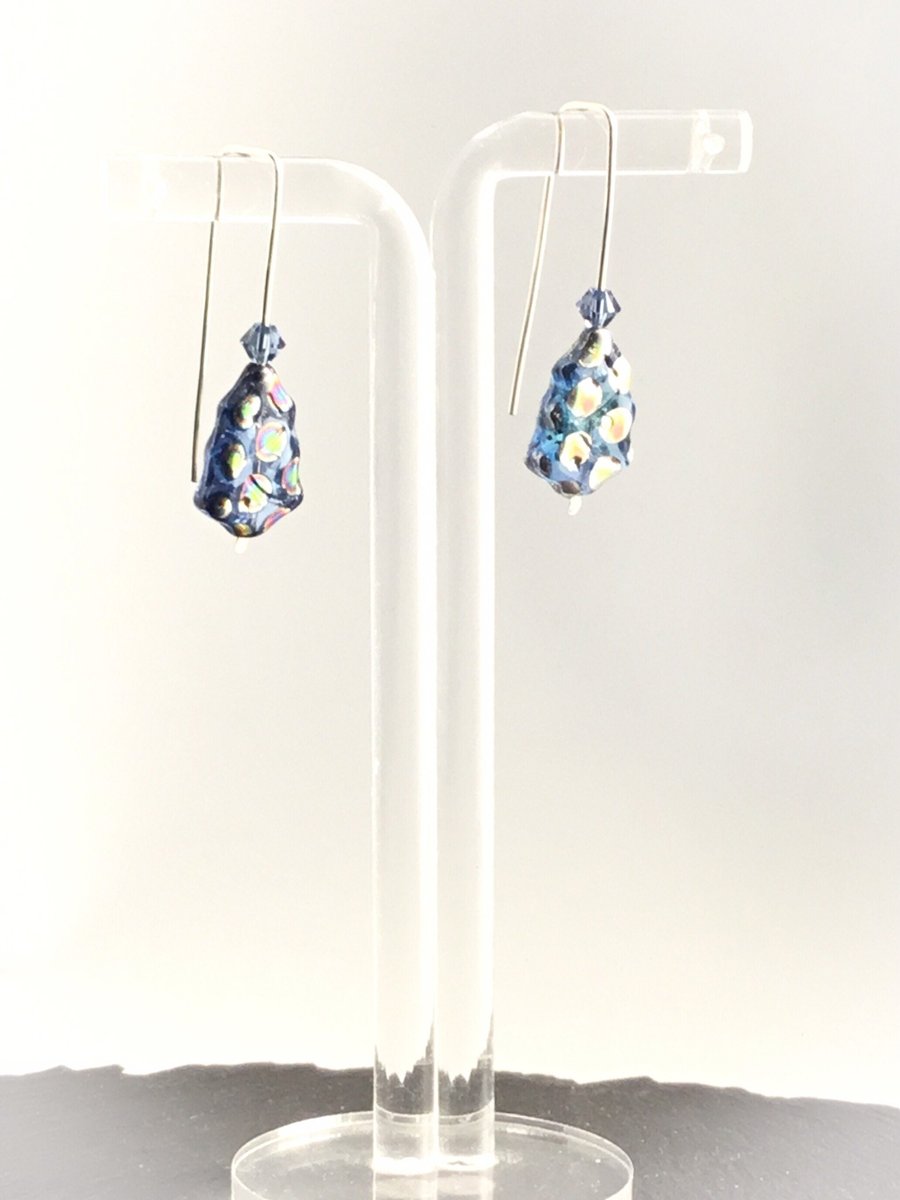 Xmas Tree Earrings In Blue Dichroic Glass With Hand Forged 925 Silver Wires